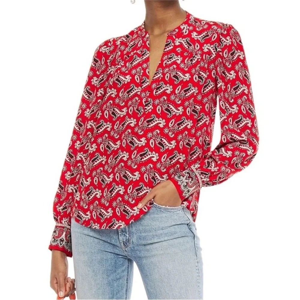 Veronica Beard Silk Blouse‎ Size 8 Red Abbie Paisley Top - Picture 2 of 10